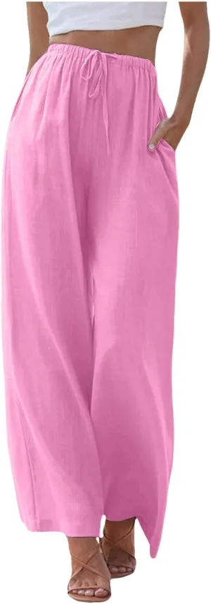 Women's Linen Blend Summer Drawstring Palazzo Pants Elastic Waist Stretchy Slim Fit Pants Trendy