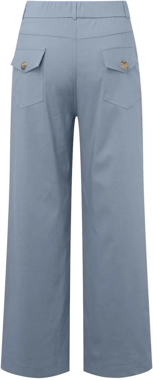 Women's Linen Blend Summer Drawstring Palazzo Pants Elastic Waist Stretchy Slim Fit Pants Trendy