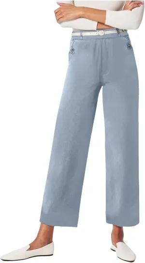 Women's Linen Blend Summer Drawstring Palazzo Pants Elastic Waist Stretchy Slim Fit Pants Trendy