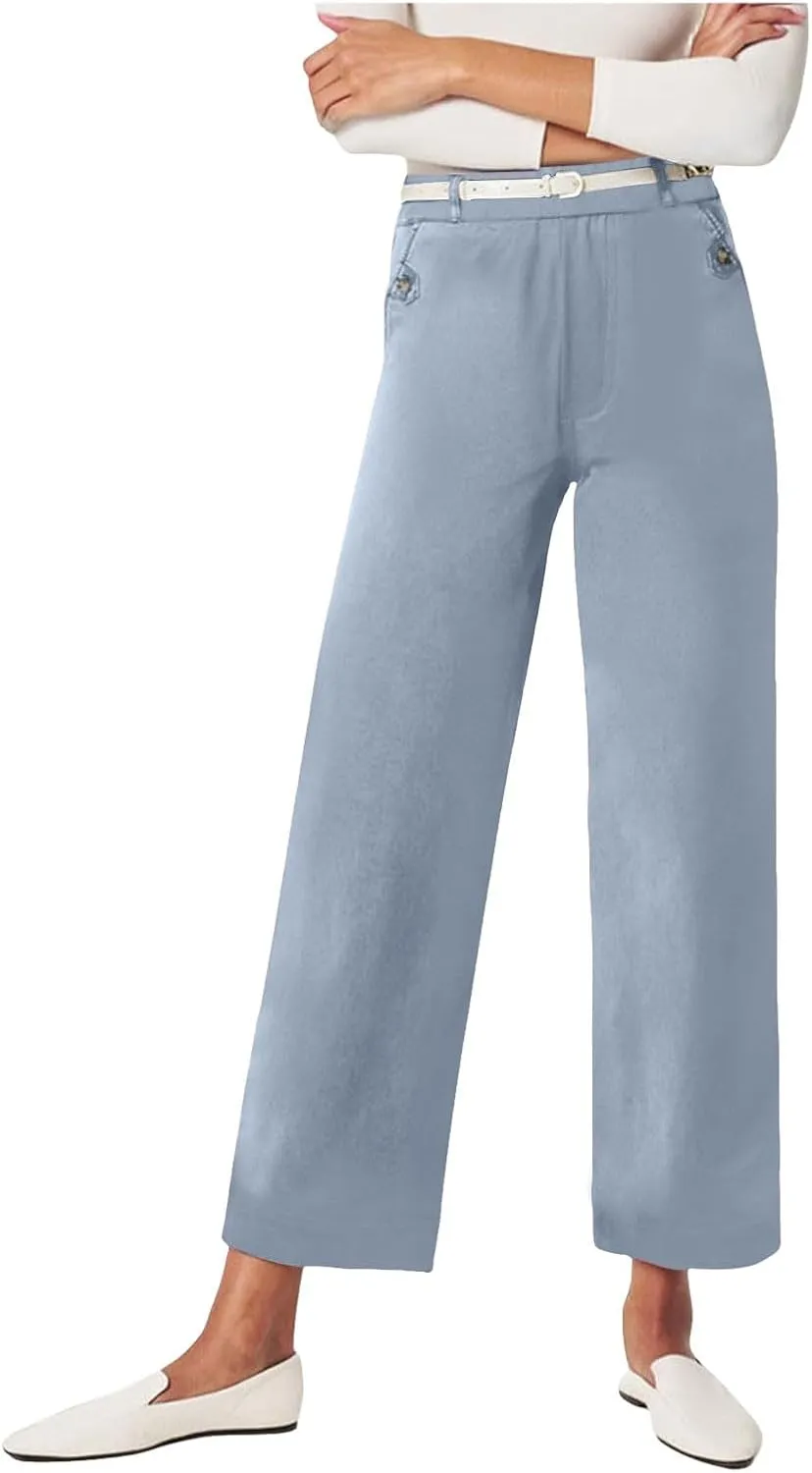 Women's Linen Blend Summer Drawstring Palazzo Pants Elastic Waist Stretchy Slim Fit Pants Trendy