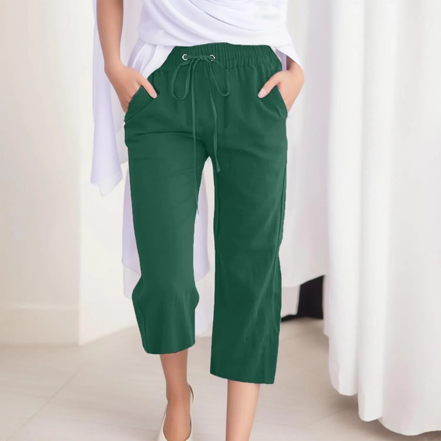 Women's Linen Blend Summer Flowy Pants Elastic Waist Stretchy Slim-Fit Trouser Vacation