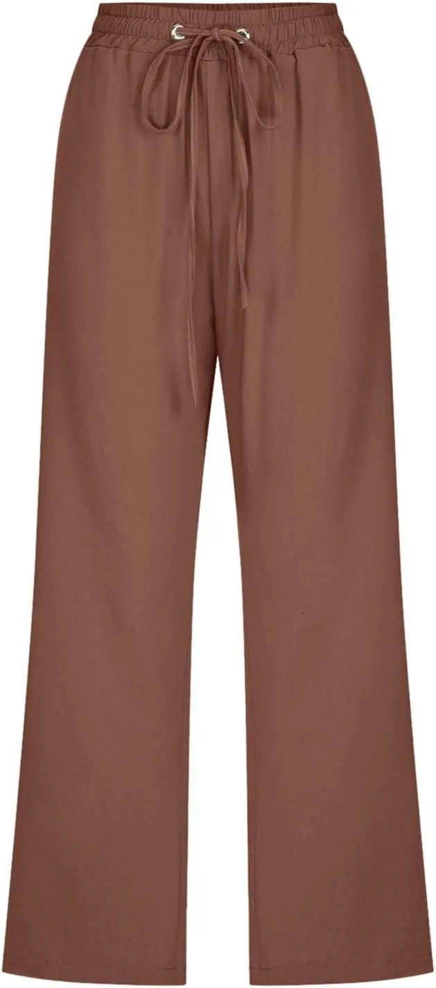 Women's Linen Blend Summer Flowy Pants Elastic Waist Stretchy Slim-Fit Trouser Vacation