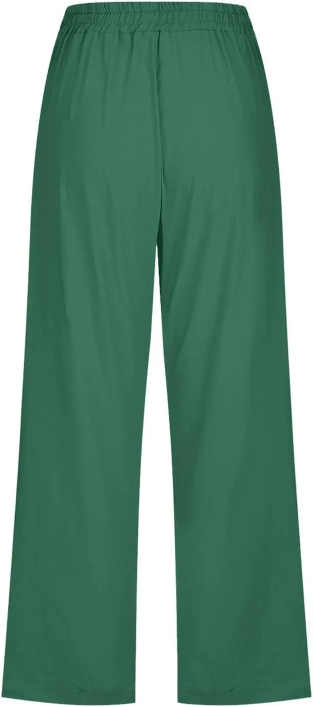 Women's Linen Blend Summer Flowy Pants Elastic Waist Stretchy Slim-Fit Trouser Vacation