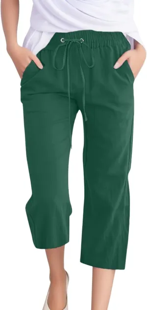 Women's Linen Blend Summer Flowy Pants Elastic Waist Stretchy Slim-Fit Trouser Vacation