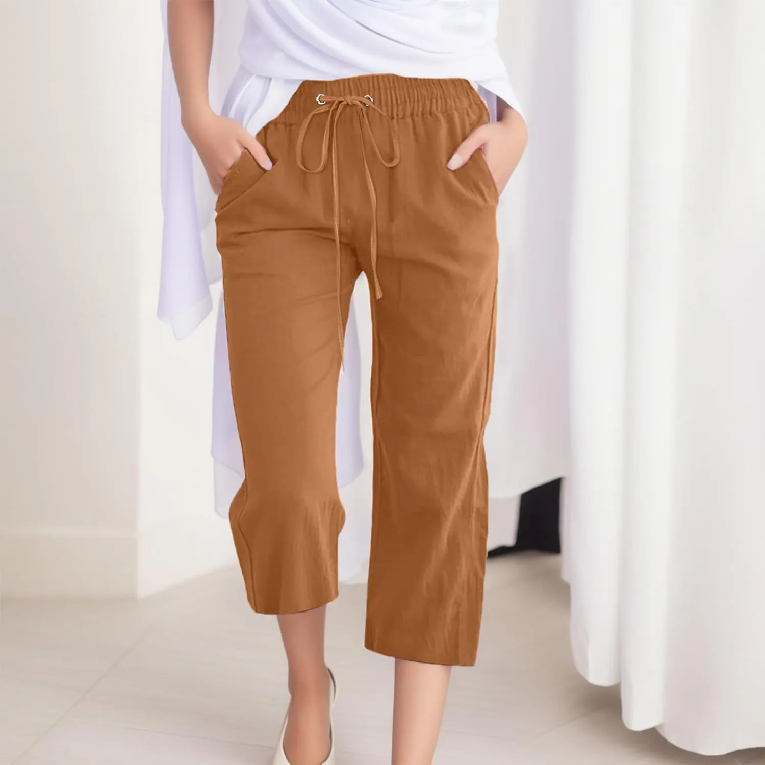 Women's Linen Blend Summer Flowy Pants Elastic Waist Stretchy Slim-Fit Trouser Vacation