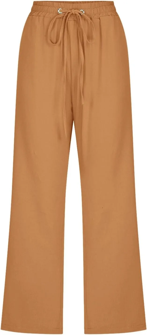Women's Linen Blend Summer Flowy Pants Elastic Waist Stretchy Slim-Fit Trouser Vacation