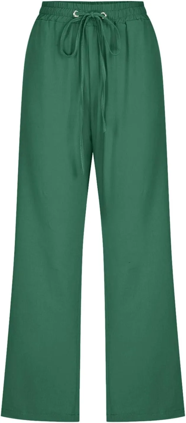 Women's Linen Blend Summer Flowy Pants Elastic Waist Stretchy Slim-Fit Trouser Vacation
