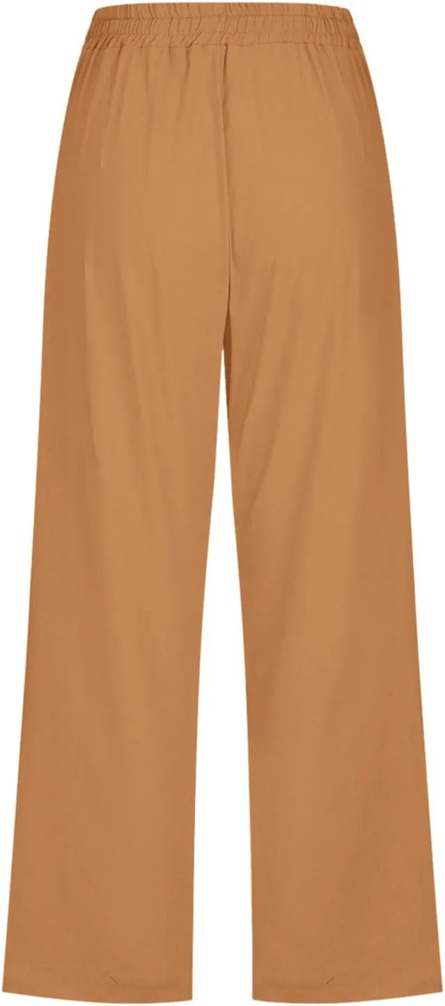 Women's Linen Blend Summer Flowy Pants Elastic Waist Stretchy Slim-Fit Trouser Vacation