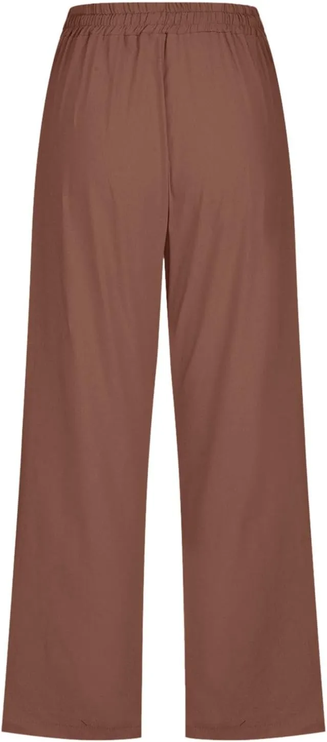 Women's Linen Blend Summer Flowy Pants Elastic Waist Stretchy Slim-Fit Trouser Vacation