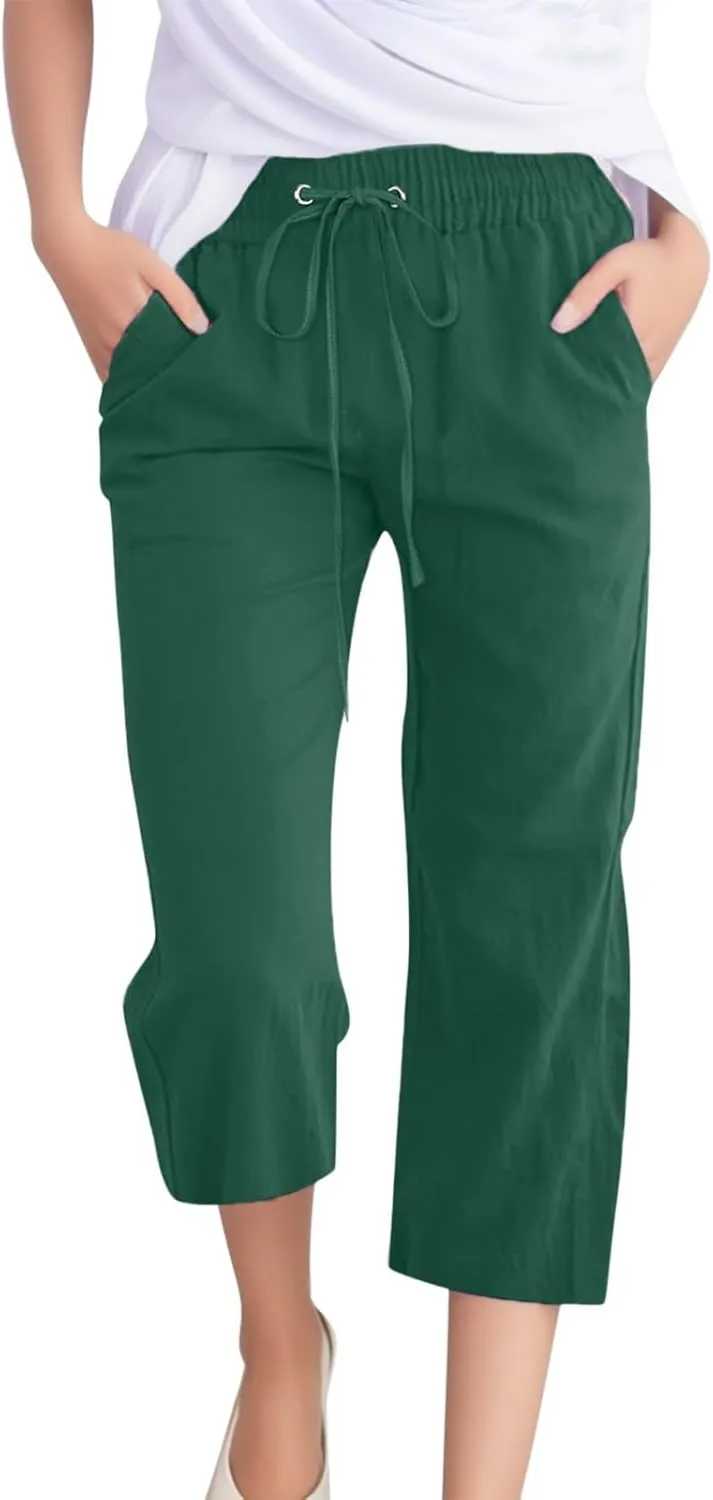 Women's Linen Blend Summer Flowy Pants Elastic Waist Stretchy Slim-Fit Trouser Vacation