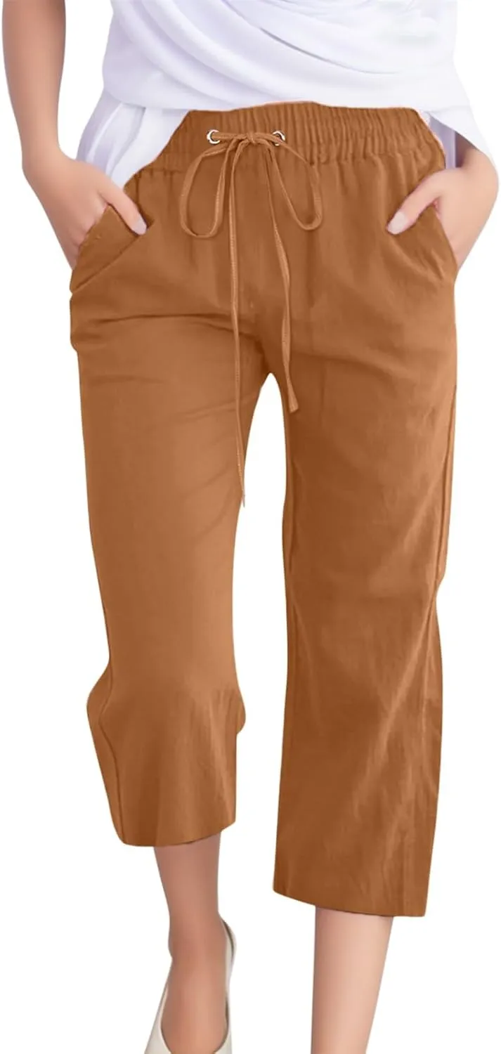 Women's Linen Blend Summer Flowy Pants Elastic Waist Stretchy Slim-Fit Trouser Vacation