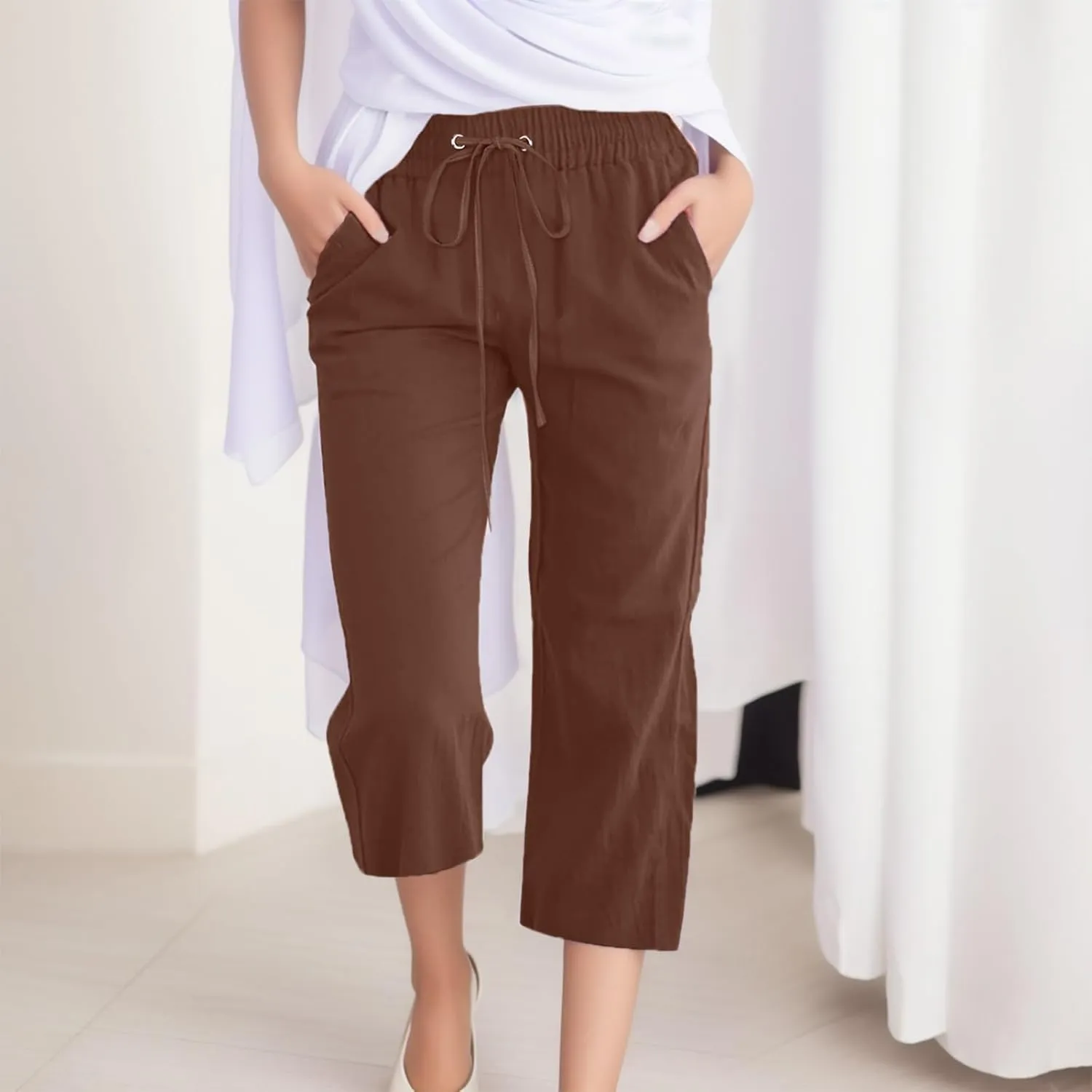 Women's Linen Blend Summer Flowy Pants Elastic Waist Stretchy Slim-Fit Trouser Vacation