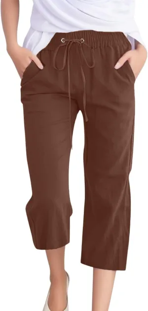 Women's Linen Blend Summer Flowy Pants Elastic Waist Stretchy Slim-Fit Trouser Vacation