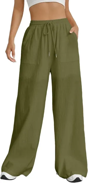 Women's Linen Blend Summer Print Pant Trousers High Waist Stretchy Plus Size Trousers Trendy