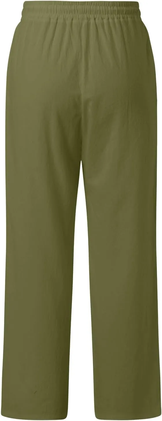 Women's Linen Blend Summer Print Pant Trousers High Waist Stretchy Plus Size Trousers Trendy