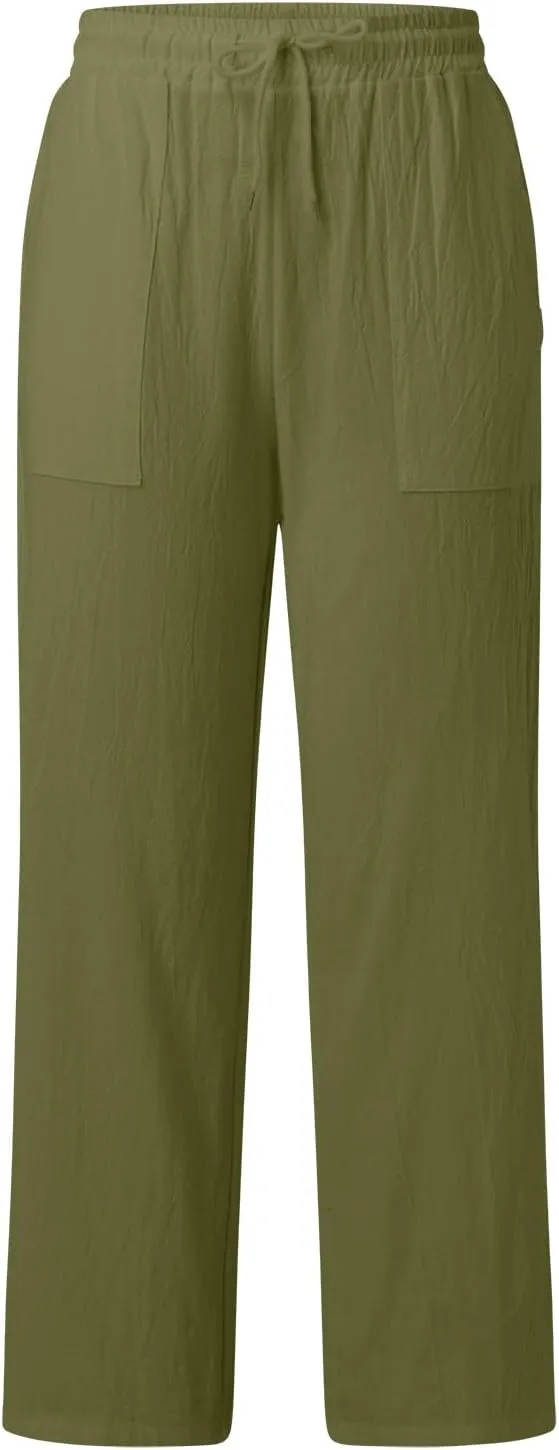 Women's Linen Blend Summer Print Pant Trousers High Waist Stretchy Plus Size Trousers Trendy