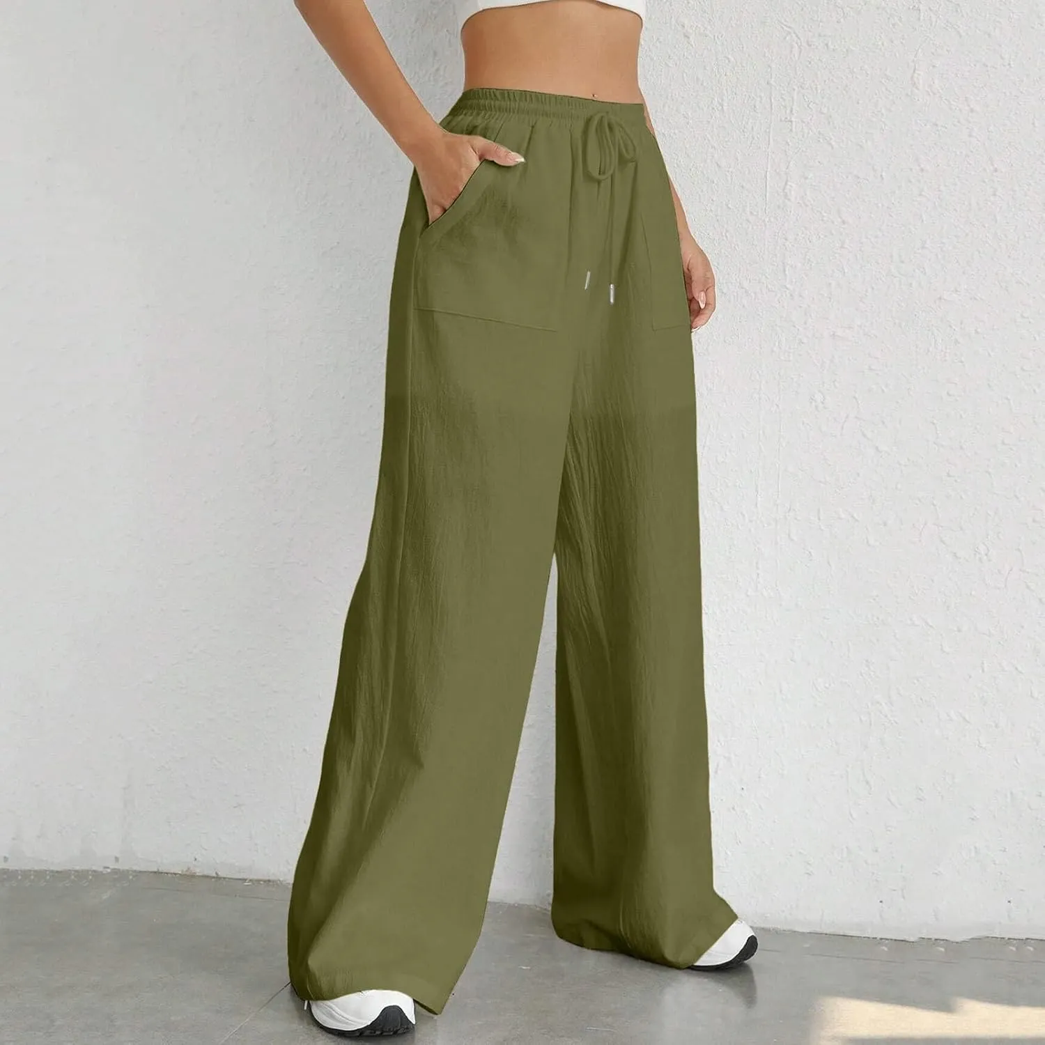 Women's Linen Blend Summer Print Pant Trousers High Waist Stretchy Plus Size Trousers Trendy