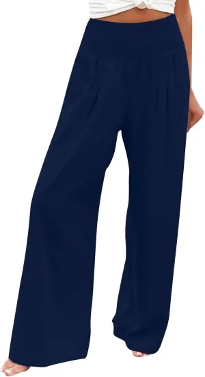 Women's Linen Summer Floral Palazzo Pants Elastic Waisted Baggy Stretchy Slim-Fit Pants Office