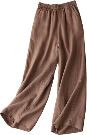 Women's Linen Summer Floral Palazzo Pants Elastic Waisted Baggy Stretchy Slim-Fit Pants Office