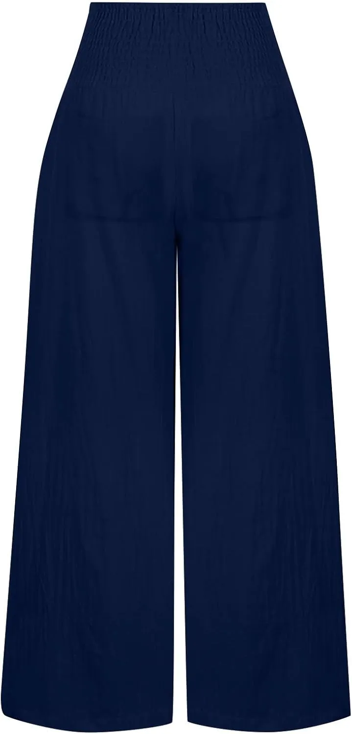 Women's Linen Summer Floral Palazzo Pants Elastic Waisted Baggy Stretchy Slim-Fit Pants Office