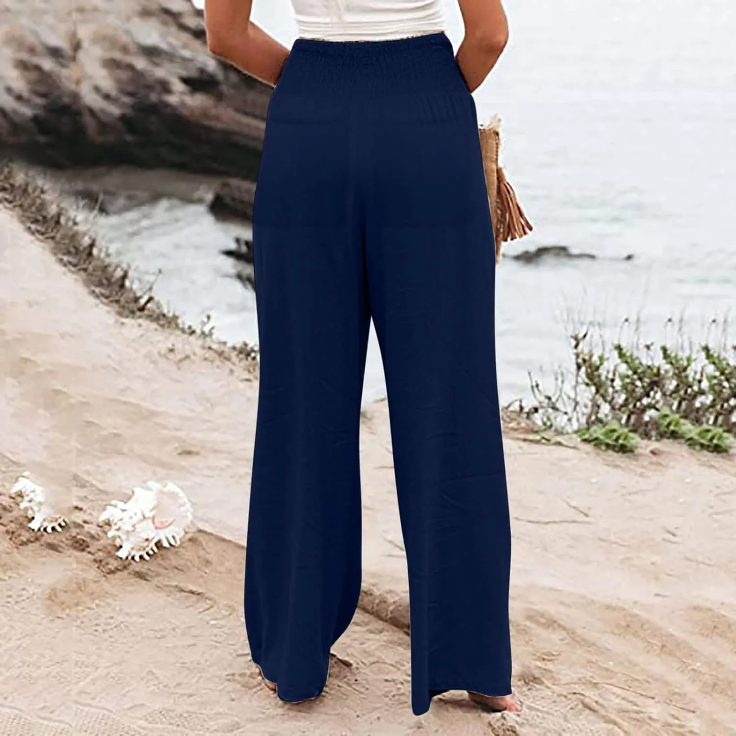 Women's Linen Summer Floral Palazzo Pants Elastic Waisted Baggy Stretchy Slim-Fit Pants Office