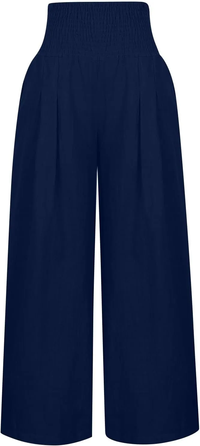 Women's Linen Summer Floral Palazzo Pants Elastic Waisted Baggy Stretchy Slim-Fit Pants Office