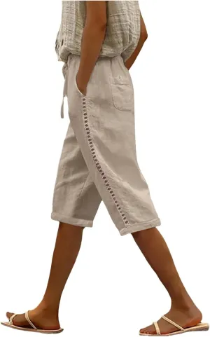 Women's Linen Summer Floral Palazzo Pants Elastic Waisted Baggy Stretchy Slim-Fit Pants Office