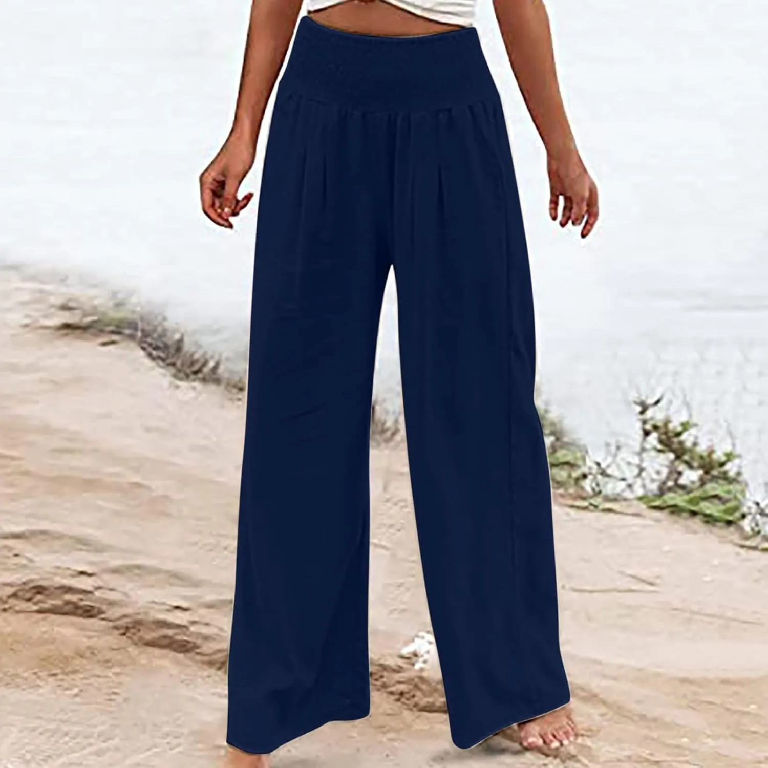Women's Linen Summer Floral Palazzo Pants Elastic Waisted Baggy Stretchy Slim-Fit Pants Office