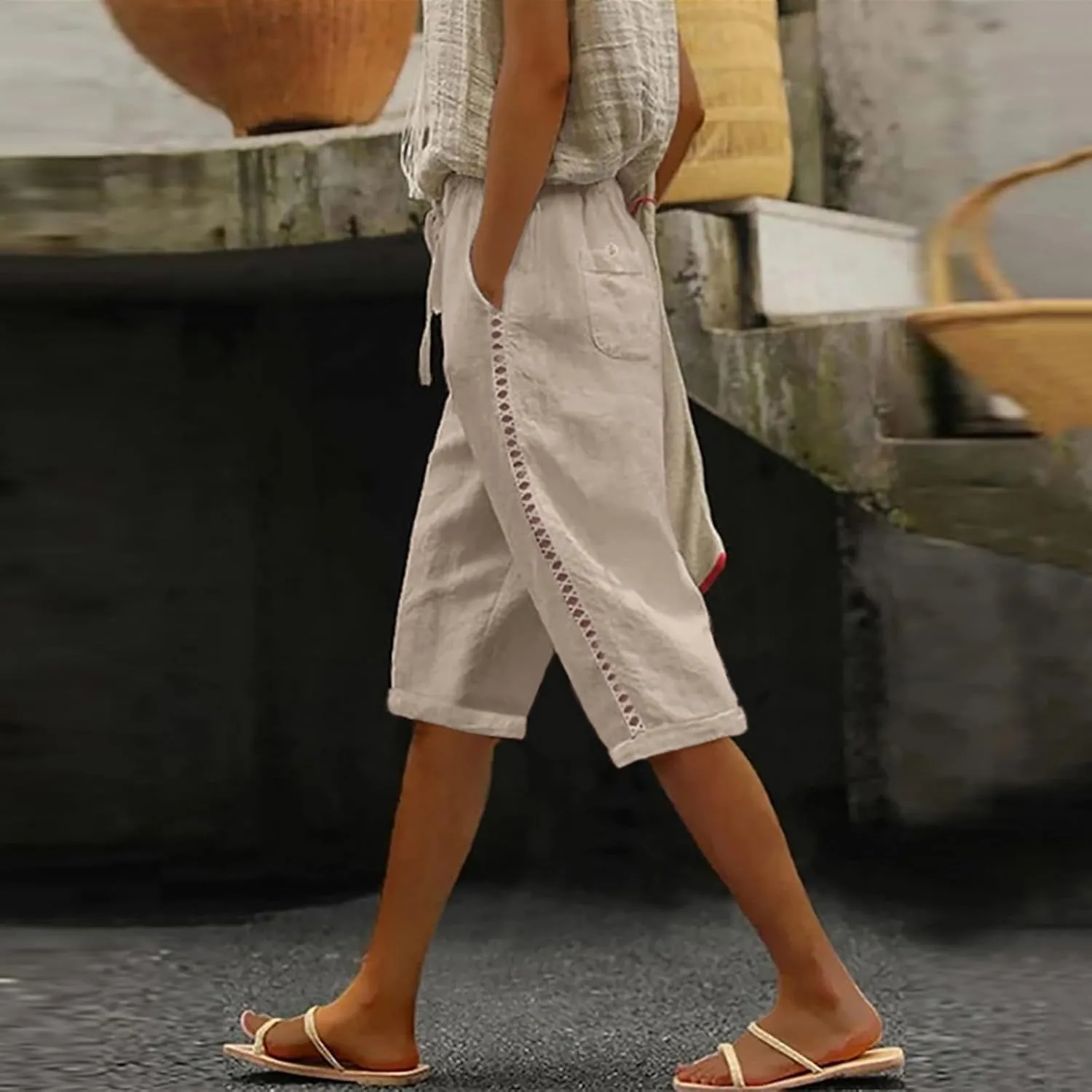 Women's Linen Summer Floral Palazzo Pants Elastic Waisted Baggy Stretchy Slim-Fit Pants Office