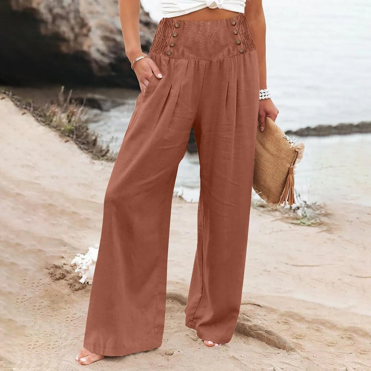 Womens Linen Summer Loose Pant Trousers Low Waist Stretchy Straight Loose Fit Trouser Office
