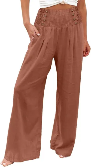 Womens Linen Summer Loose Pant Trousers Low Waist Stretchy Straight Loose Fit Trouser Office
