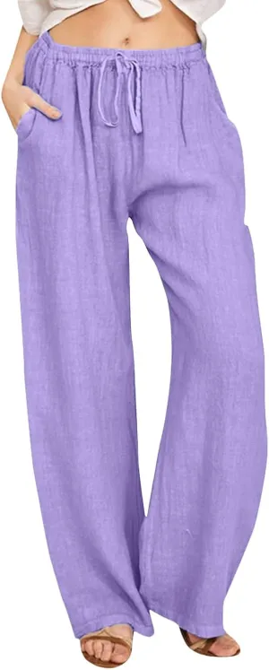 Womens Linen Summer Loose Pant Trousers Low Waist Stretchy Straight Loose Fit Trouser Office