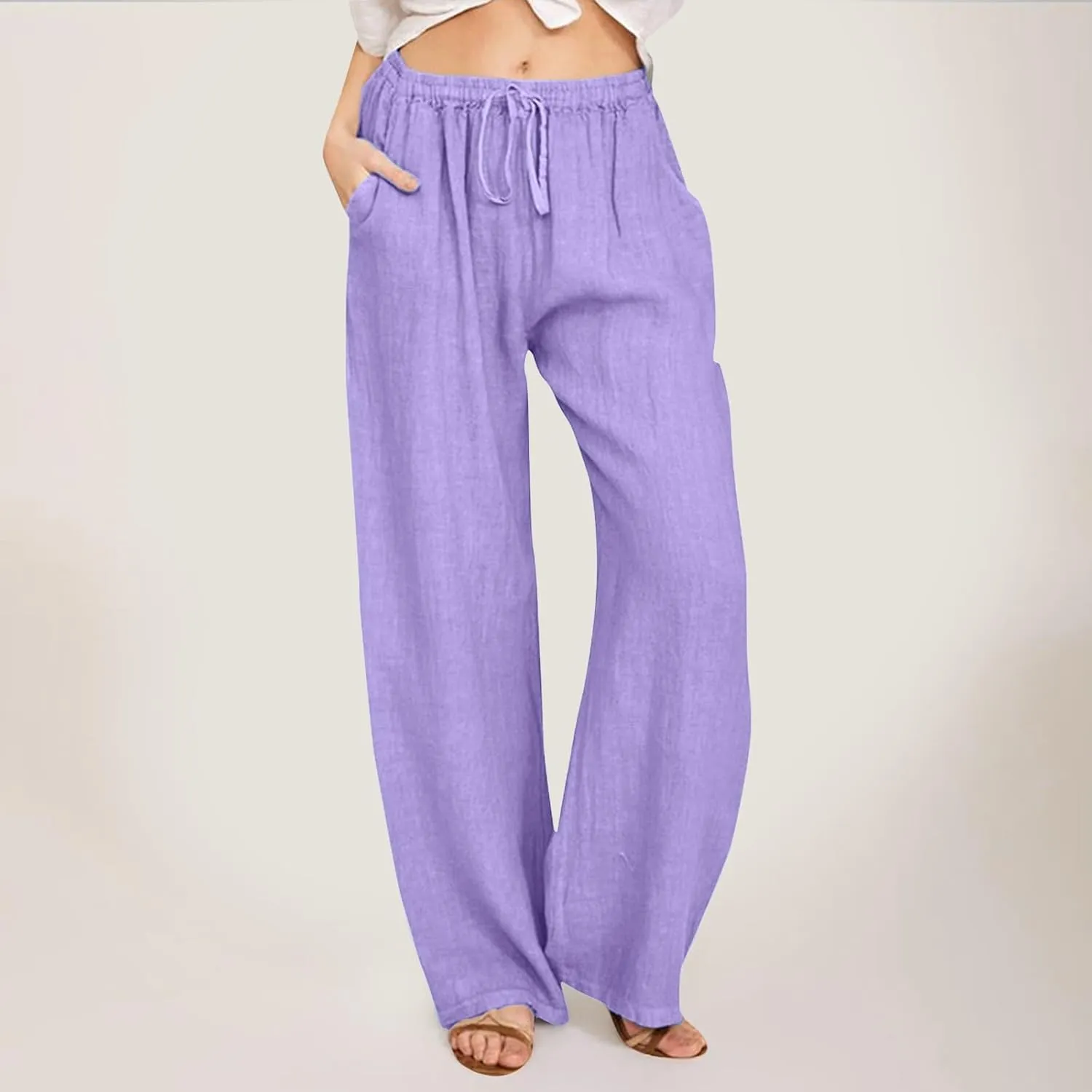 Womens Linen Summer Loose Pant Trousers Low Waist Stretchy Straight Loose Fit Trouser Office