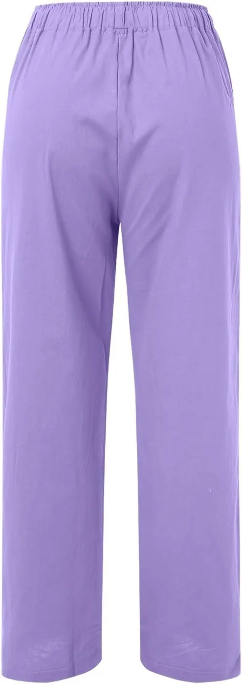 Womens Linen Summer Loose Pant Trousers Low Waist Stretchy Straight Loose Fit Trouser Office