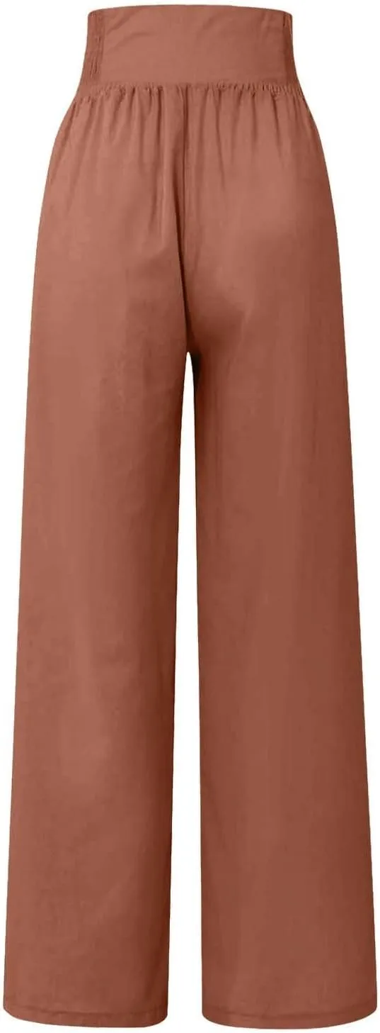 Womens Linen Summer Loose Pant Trousers Low Waist Stretchy Straight Loose Fit Trouser Office