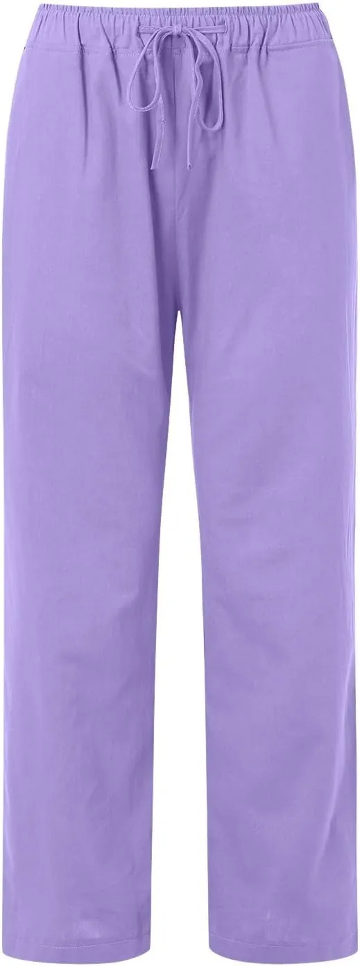 Womens Linen Summer Loose Pant Trousers Low Waist Stretchy Straight Loose Fit Trouser Office