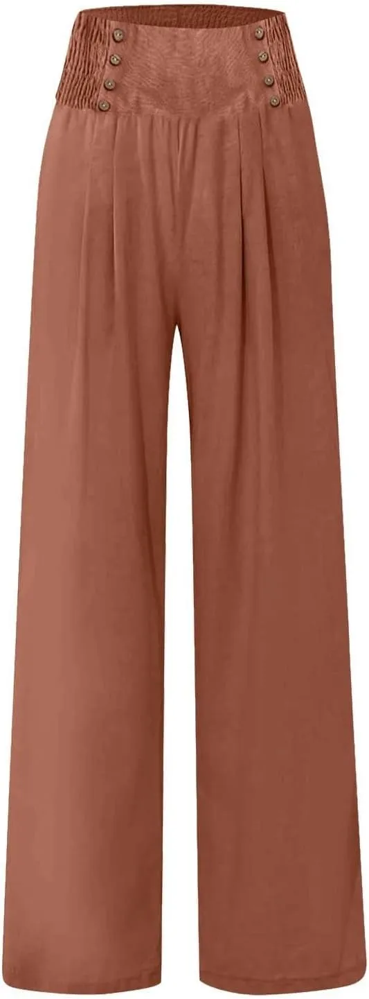 Womens Linen Summer Loose Pant Trousers Low Waist Stretchy Straight Loose Fit Trouser Office