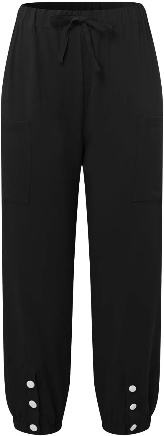 Womens Linen Summer Solid Pant Trousers High Waist Stretchy Straight Slim-Fit Pants Trendy