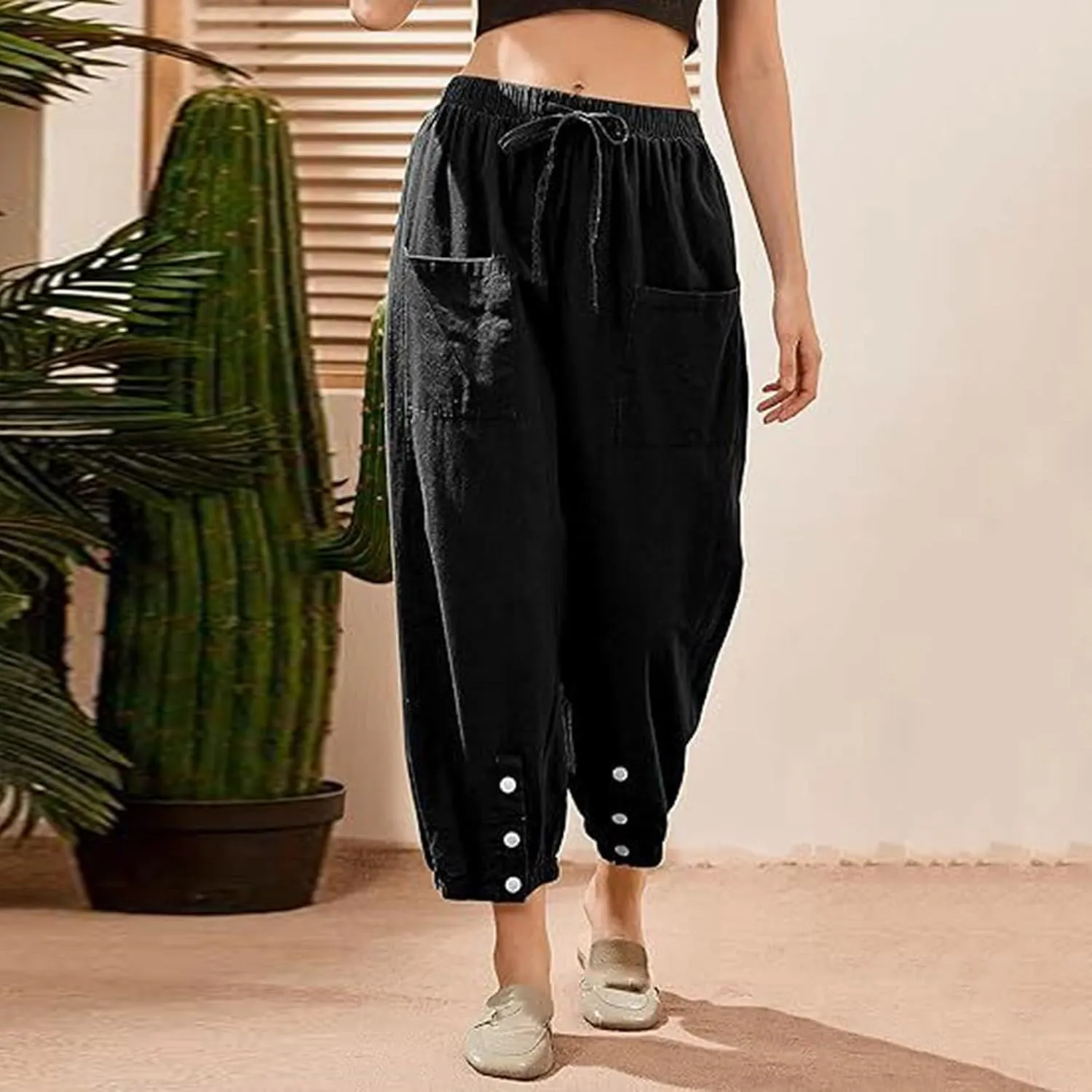 Womens Linen Summer Solid Pant Trousers High Waist Stretchy Straight Slim-Fit Pants Trendy