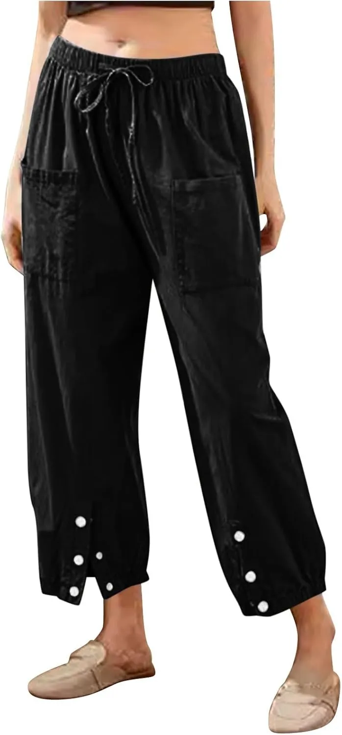 Womens Linen Summer Solid Pant Trousers High Waist Stretchy Straight Slim-Fit Pants Trendy
