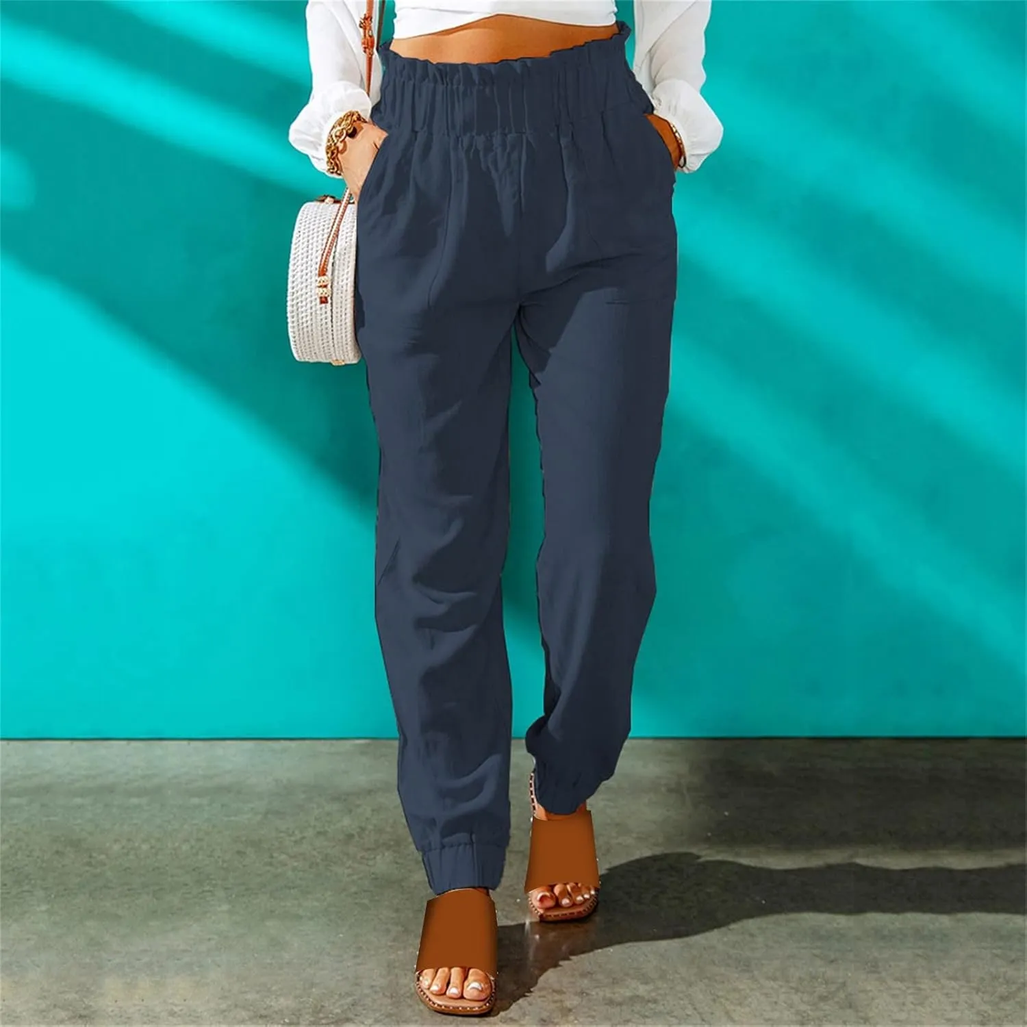 Womens Linen Summer Solid Pant Trousers High Waist Stretchy Straight Slim-Fit Pants Trendy
