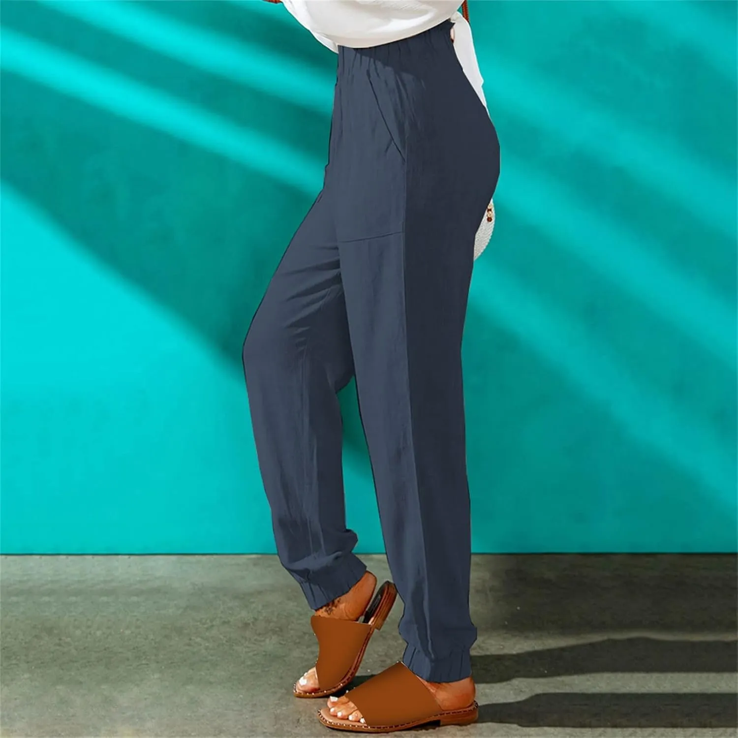 Womens Linen Summer Solid Pant Trousers High Waist Stretchy Straight Slim-Fit Pants Trendy