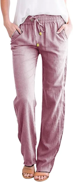 Womens Linen Summer Solid Pant Trousers High Waist Stretchy Straight Slim-Fit Pants Trendy