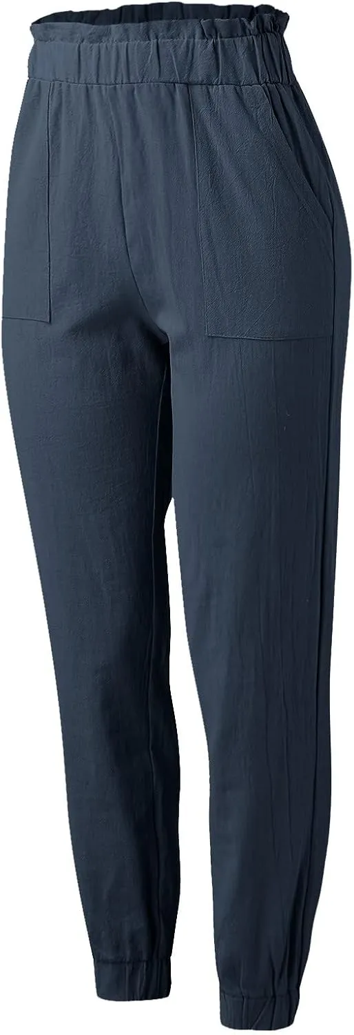 Womens Linen Summer Solid Pant Trousers High Waist Stretchy Straight Slim-Fit Pants Trendy