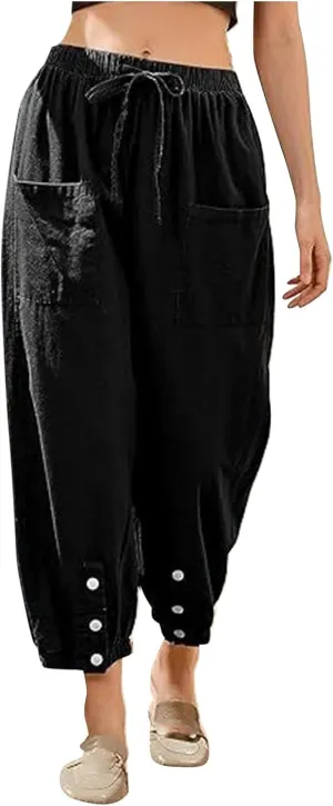 Womens Linen Summer Solid Pant Trousers High Waist Stretchy Straight Slim-Fit Pants Trendy