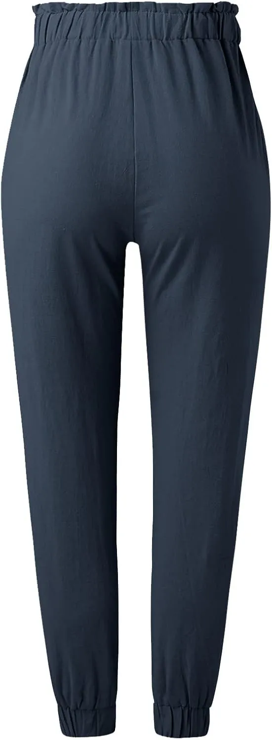 Womens Linen Summer Solid Pant Trousers High Waist Stretchy Straight Slim-Fit Pants Trendy