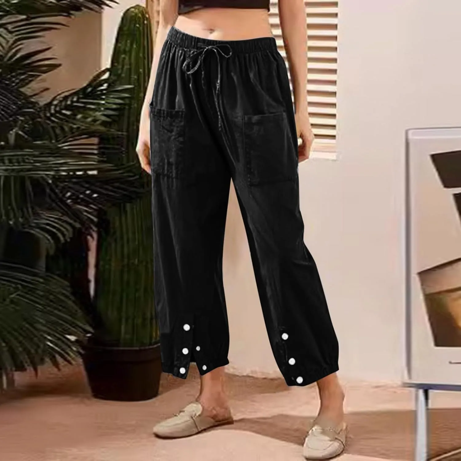 Womens Linen Summer Solid Pant Trousers High Waist Stretchy Straight Slim-Fit Pants Trendy