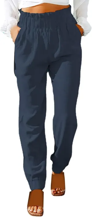 Womens Linen Summer Solid Pant Trousers High Waist Stretchy Straight Slim-Fit Pants Trendy