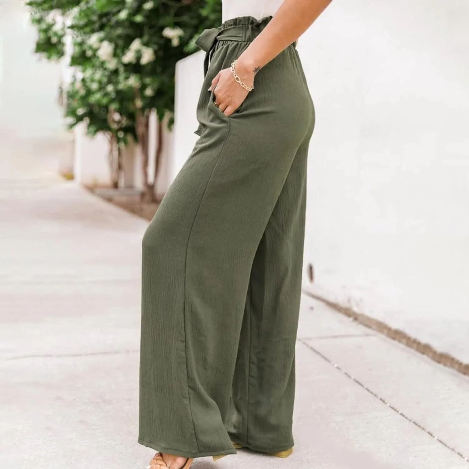 Womens Linen Summer Striped Pants Elastic Waisted Baggy Stretchy Plus Size Pants Office