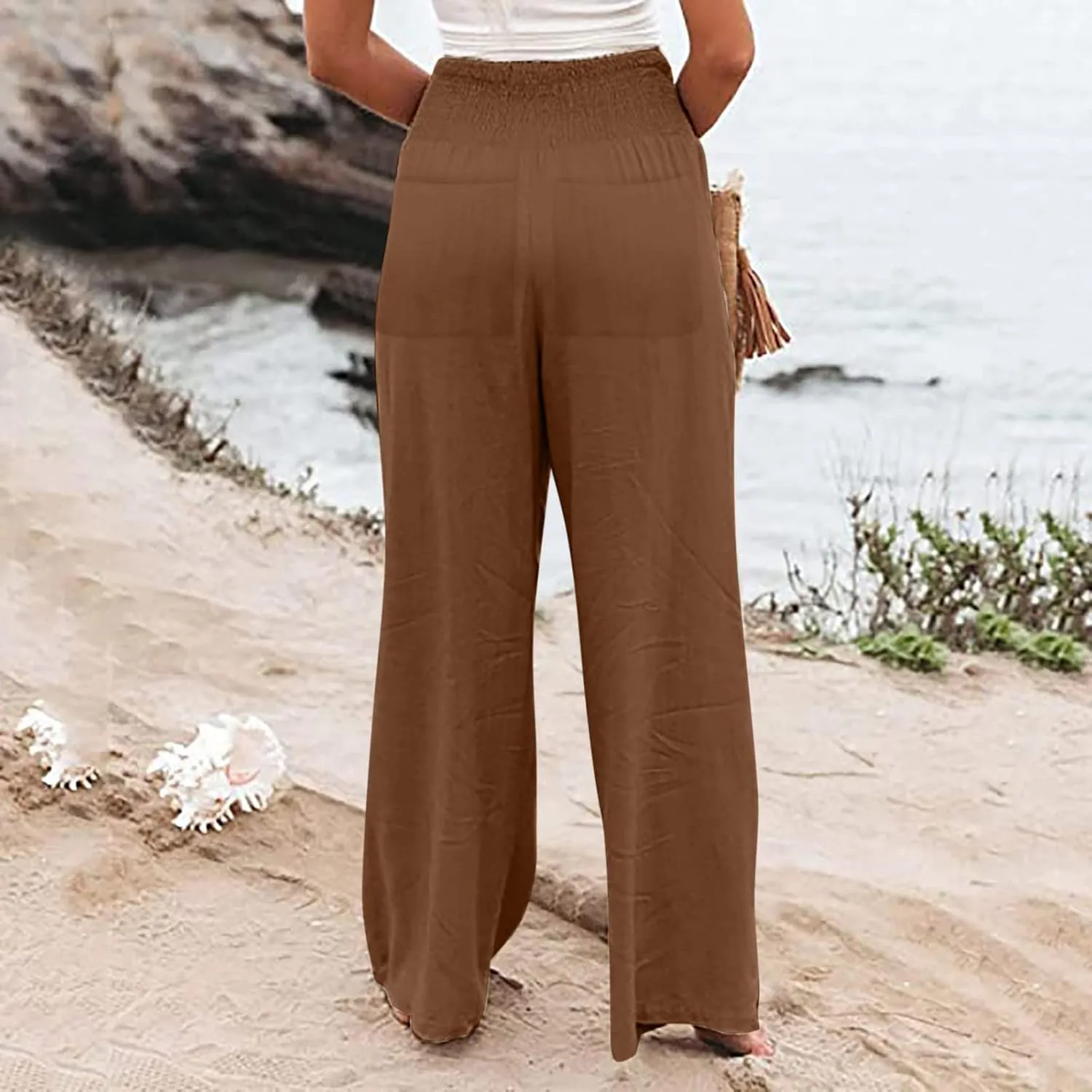 Womens Linen Summer Striped Pants Elastic Waisted Baggy Stretchy Plus Size Pants Office